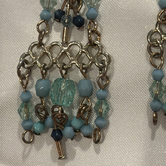 Blue bead chandelier earrings in silver-tone settings. - Picture 2 of 3